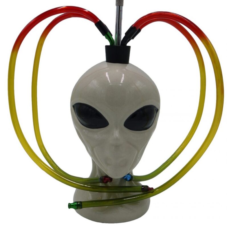 small Ceramic 4-way alien bong 30cm with a cream alien head and four coloured hoses