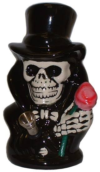 Ceramic skull in top hat bong 18cm in black, holding a red rose, with a metal bowl