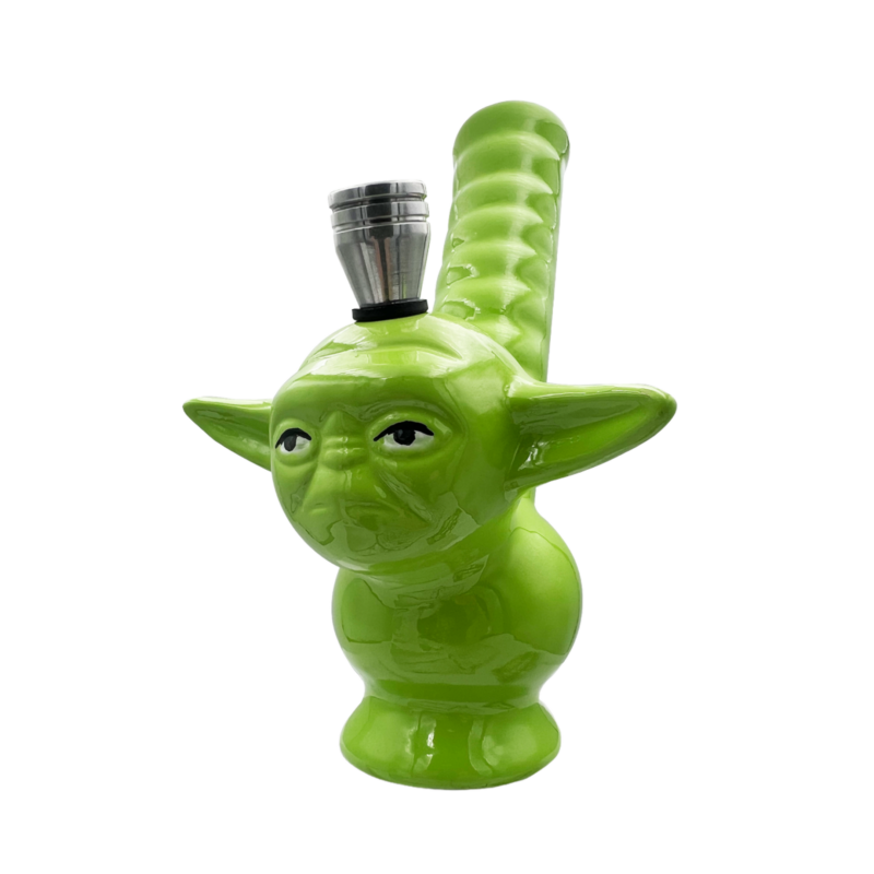 Ceramic Alien Head Bong with Hand Grip, 23cm, Glazed Ceramic, Removable Downpipe and Bowl green