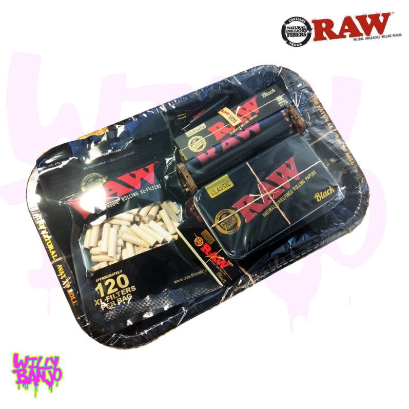RAW Black Rolling Tray Gift Set - Small Metal Tray, Papers, Tips, Tin & Machine Bundle
