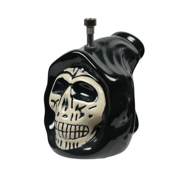 Ceramic hooded skull bong, 22cm tall. Gloss black hood and cloak with a contrasting cream-glazed skull face, topped with a removable metal bowl and downstem.