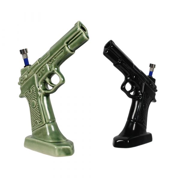 Ceramic pistol gun bong 23cm in gloss black, shaped like a handgun with a metal bowl
