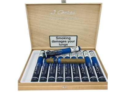 The J. Cortes High Class Blue Sumatra cigars box with open packaging