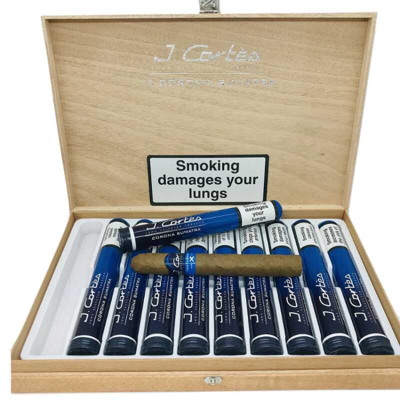 The J. Cortes High Class Blue Sumatra cigars box with open packaging