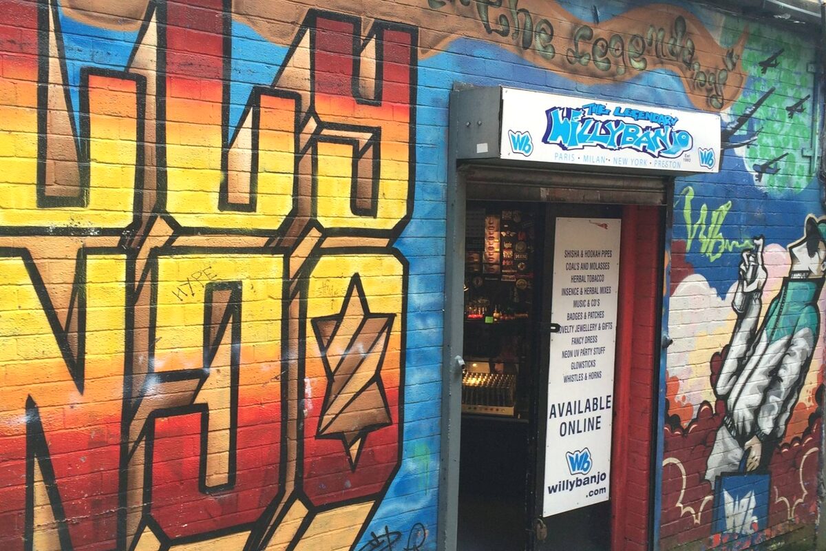 Paris Milan New York Preston mural by Gavin Renshaw on Willy Banjo shop exterior