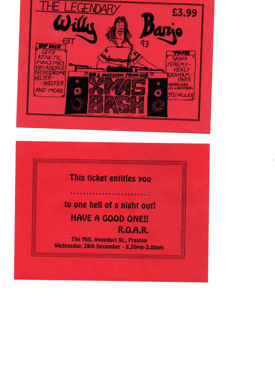 Red flyers for the Willy Banjo Xmas Bash at The Mill Preston