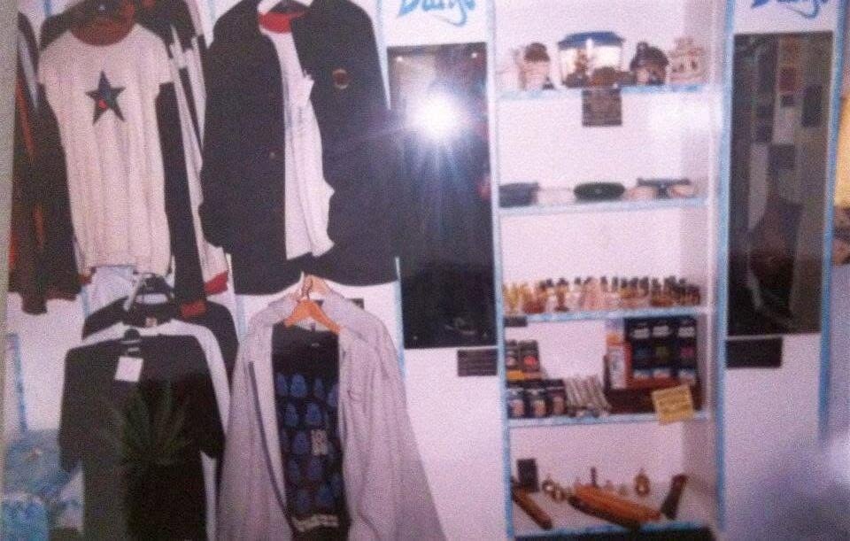 Willy Banjo shop display wall in the 1990s with t-shirts, jackets and shelves of stock