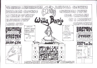 Hand-drawn 1990s Willy Banjo flyer advertising Lowthian Street Preston, Bolton and Wigan markets