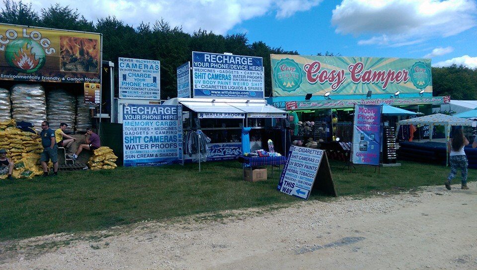 Willy Banjo stall row in later years, alongside Recharge and Cosy Camper neighbours