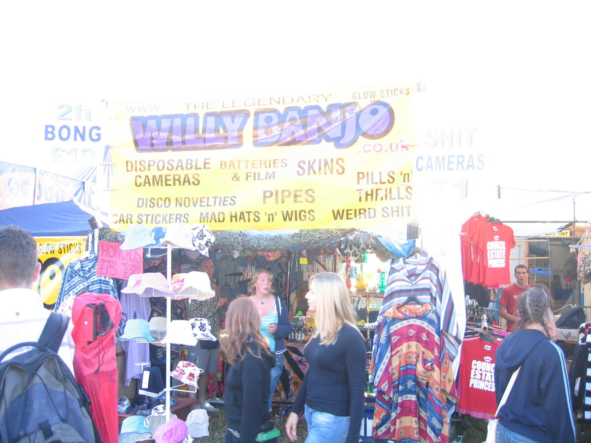 The Legendary Willy Banjo stall banner at Leeds Festival in the early years