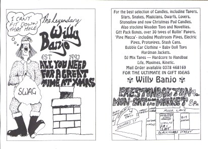 Willy Banjo Xmas Bash flyer listing DJ mix tapes including Sasha, Jeremy Healy and Graham Park