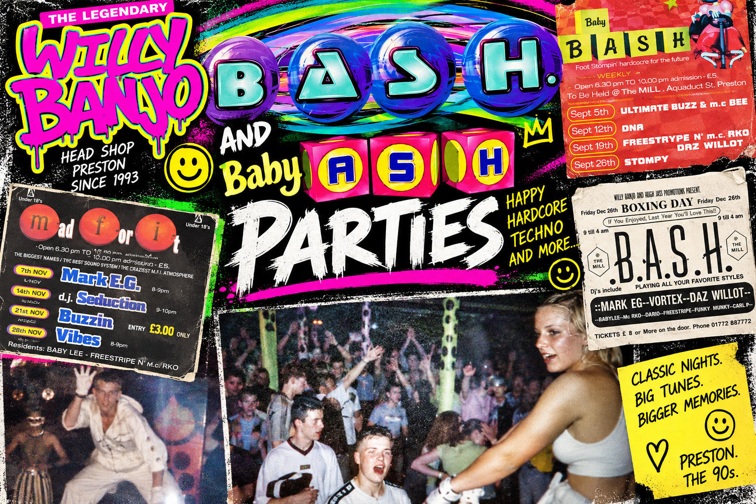 Willy Banjo B.A.S.H. and Baby Bash 90s rave flyers and photos, Preston