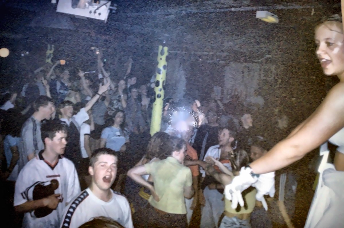 Lindsay and the crowd at a Baby Bash rave, Preston, 1990s
