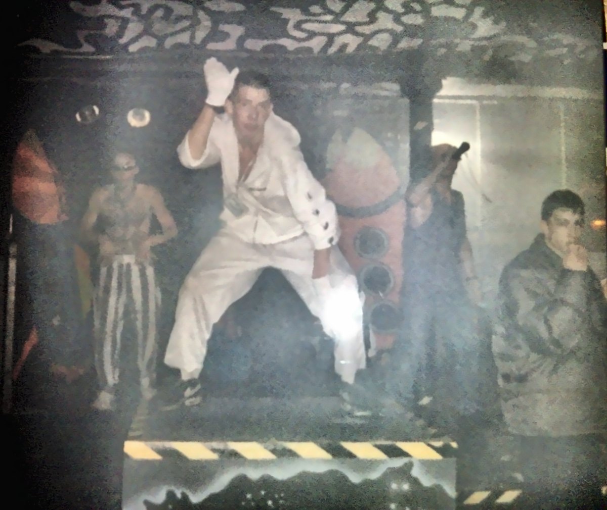 Neil dancing on the boxes at a Baby Bash rave, Preston, 1990s