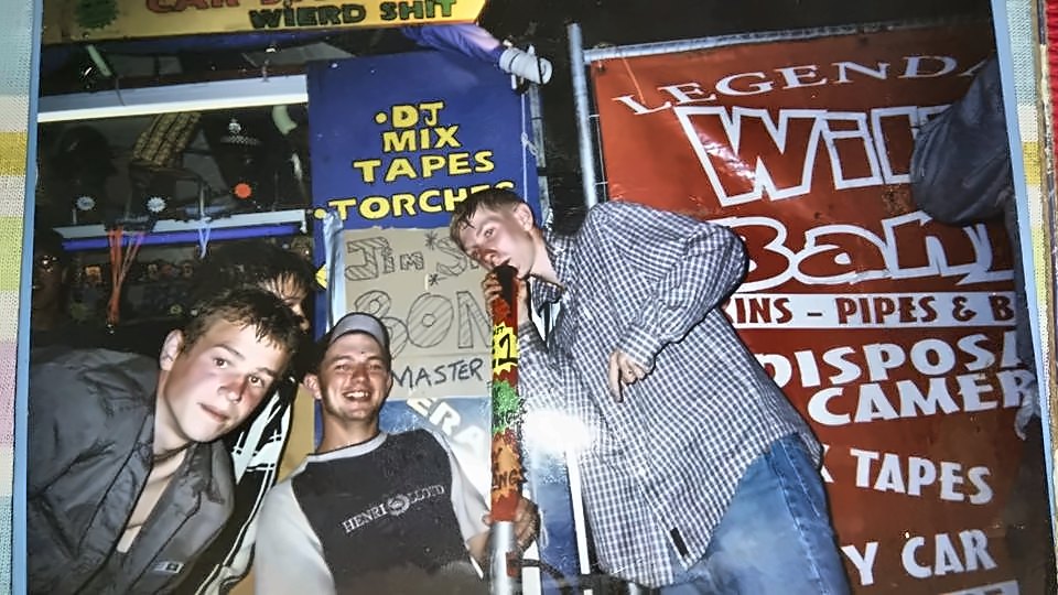 Jimmy the Bong Master with the four-foot bong at the Willy Banjo festival stall