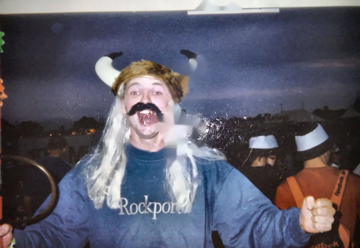 Jimmy in a Viking hat at the Willy Banjo festival stall