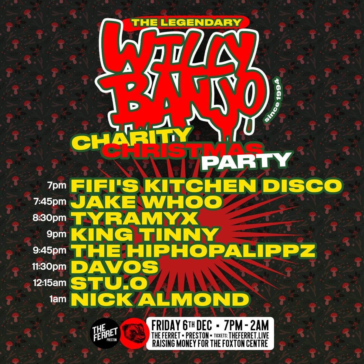 Willy Banjo charity party flyer: Charity Christmas Party, The Ferret.