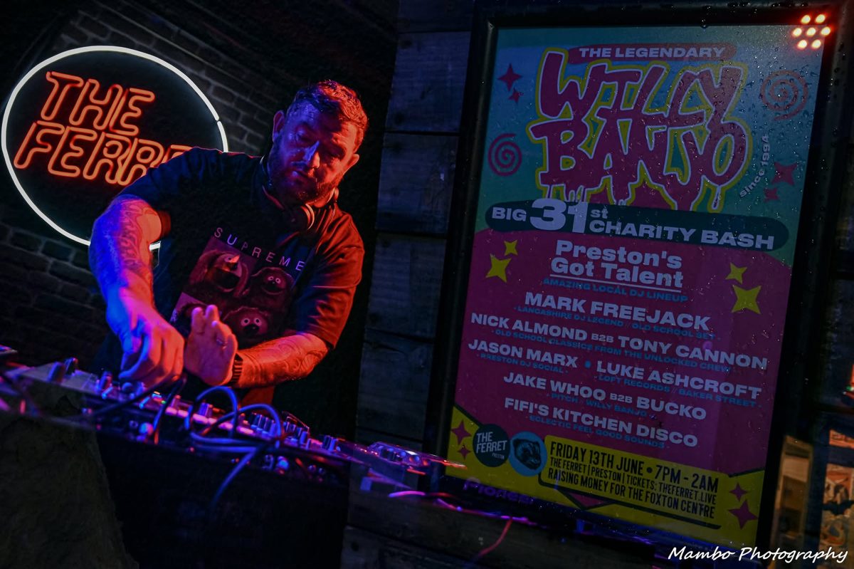 DJ at a Willy Banjo charity party at The Ferret, Preston