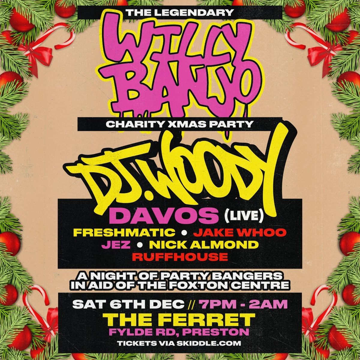Willy Banjo charity party flyer: Charity Xmas Party. DJ Woody.