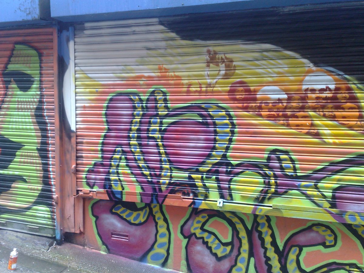 Colourful graffiti on the Willy Banjo shutter, 2008