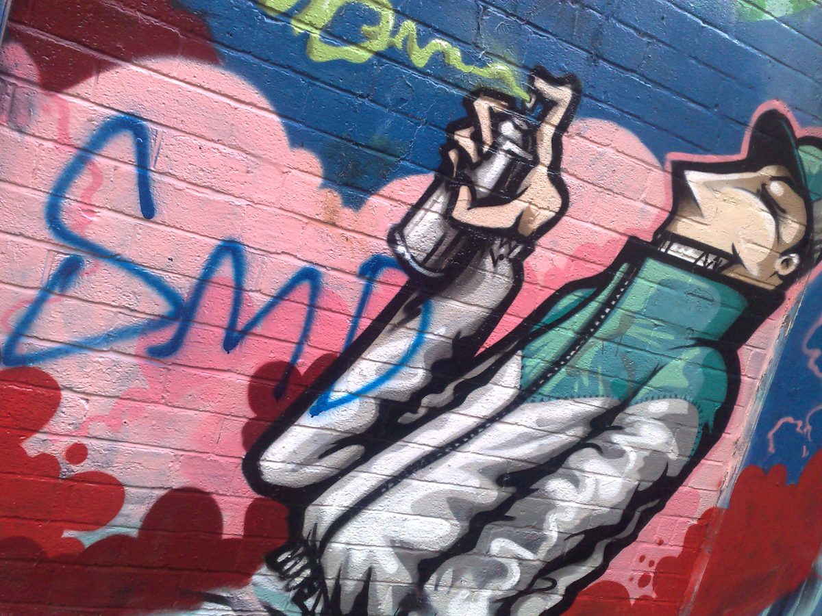 Gavin Renshaw's tea man graffiti character on the Willy Banjo wall, around 2010